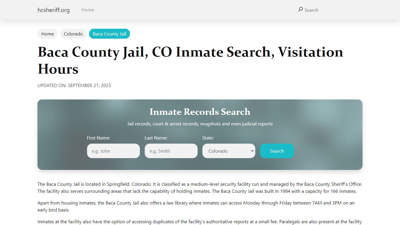 Baca County Jail, CO Inmate Search, Visitation Hours